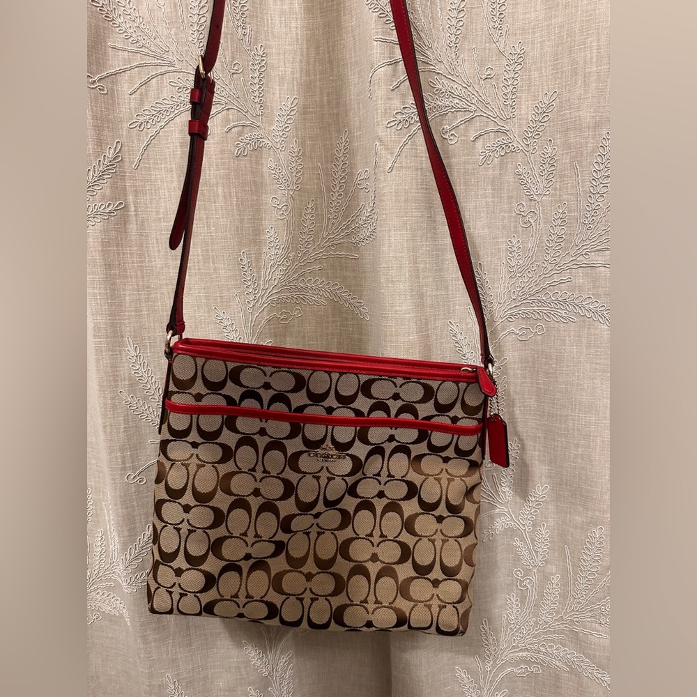 Coach Brown and Red Crossbody Bag with Signature Monogram